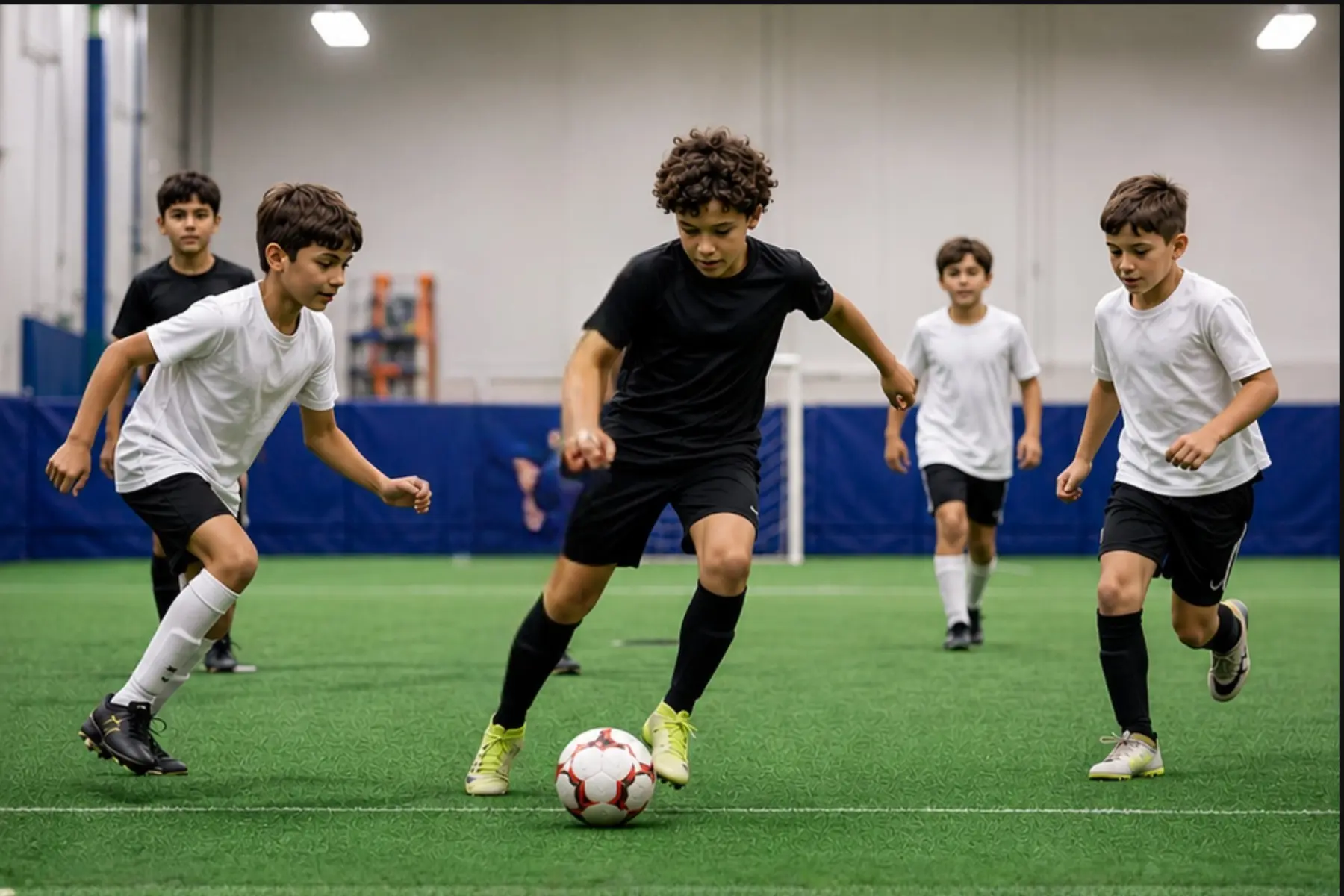 Young soccer players training on the indoor turf at Strong Fitness & Performance