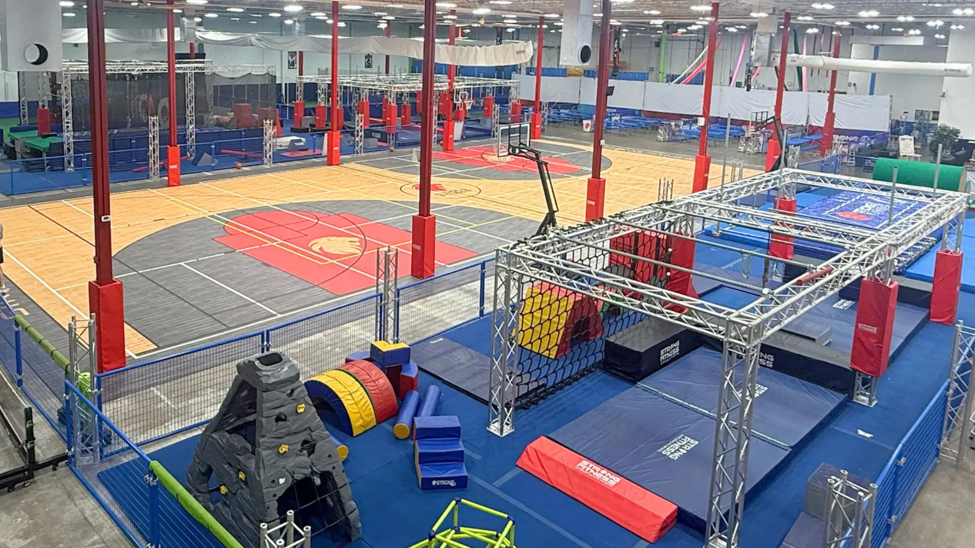 Top view of the fun floor, sport court and obstacles at Strong Fitness & Performance in Farmers Branch.